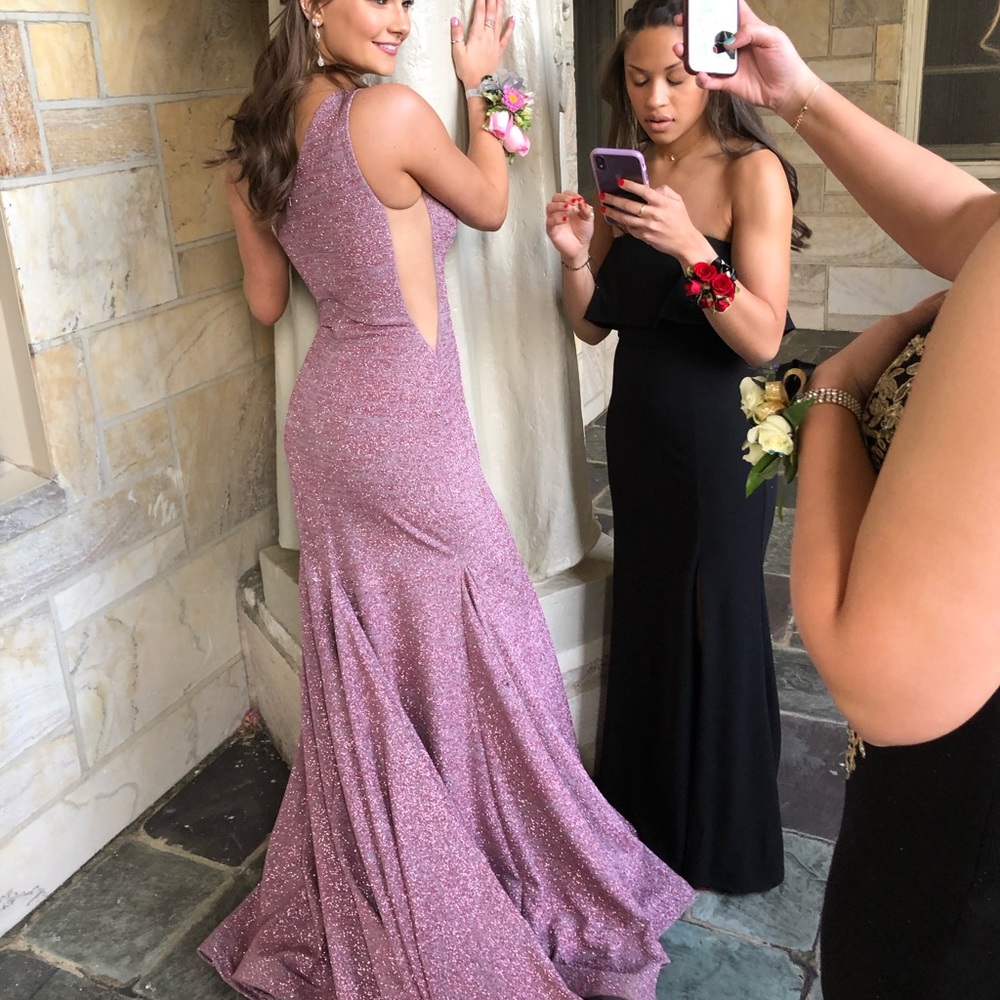 Jovani One Shoulder Pink Sparkle Gown with train